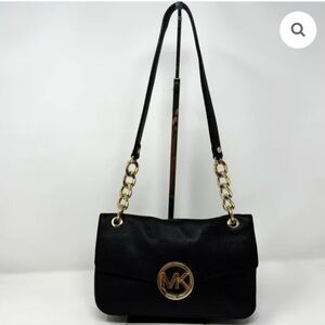 Michael Kors Black Pebbled Shoulder Bag with Gold MK Emblem